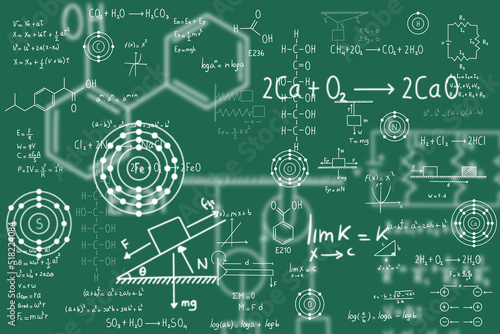 Calculus equations, algebra, organic chemistry, chemical reactions, chemical elements, physics, rectilinear motion, statics, electromagnetism, friction force, energy, with green background
