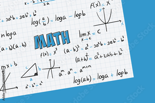 Math exercises  formulas and equations for calculus  algebra with grid sheet and blue background