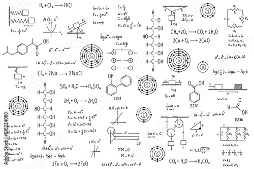 Calculus equations, algebra, organic chemistry, chemical reactions, chemical elements, physics, rectilinear motion, statics, electromagnetism, friction force, energy, with white background