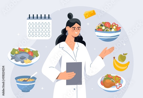 Nutritionist makes meal plan. Woman analyzes products and selects necessary for healthy lifestyle. Correct habits and assessment of energy value of food and dishes. Cartoon flat vector illustration