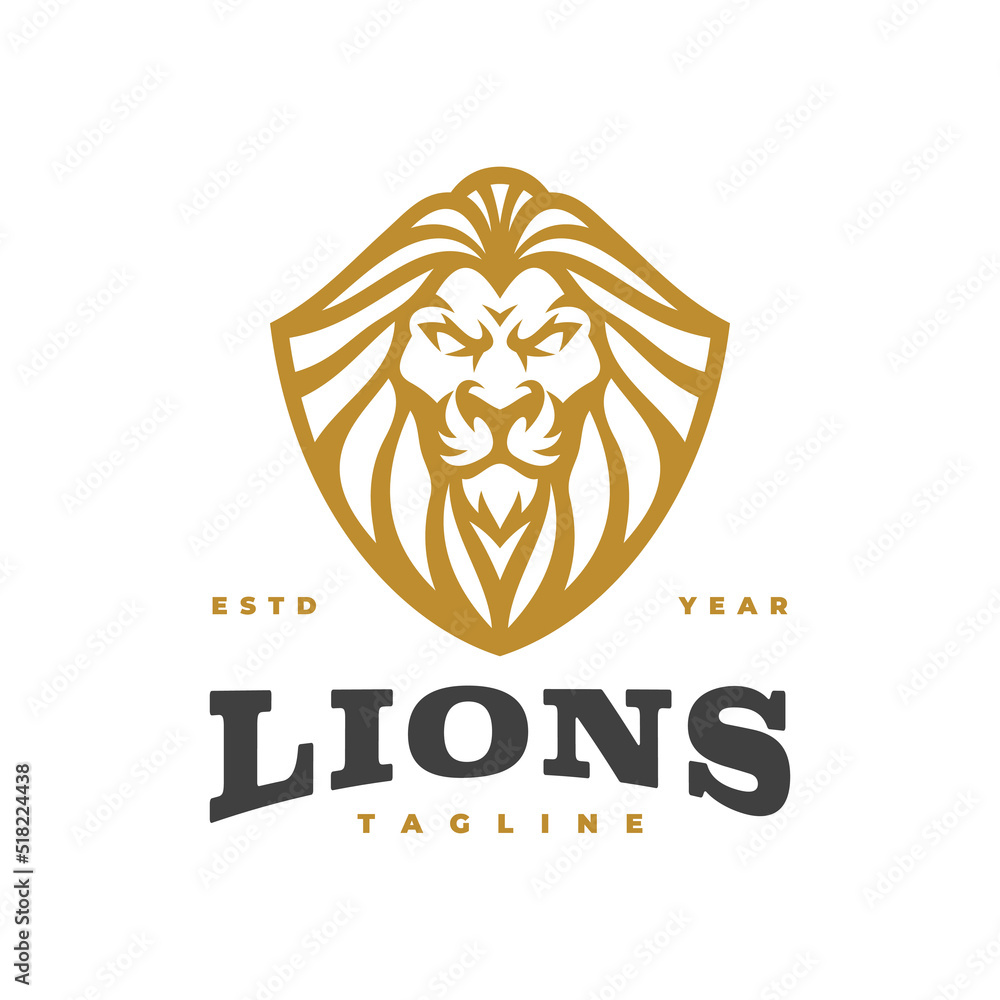 Vintage lion head and shield emblem logo design. Linear lion shield vector icon