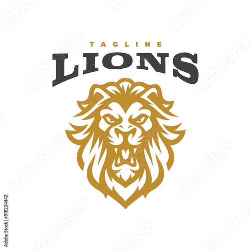 Fototapeta Naklejka Na Ścianę i Meble -  Ferocious lion head emblem logo design. Lion head line art vector icon