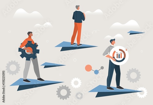 Team flying concept. Men on paper planes. Colleagues and partners working on common project, colleagues developing company. Business process metaphor, effective work. Cartoon flat vector illustration