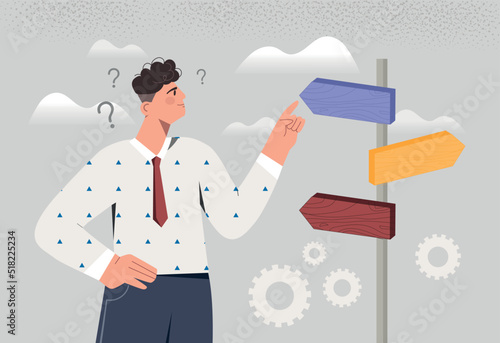 Various solutions concept. Man next to road signs. Businessman or entrepreneur chooses company development strategy. Planning and setting goals, vision of future. Cartoon flat vector illustration