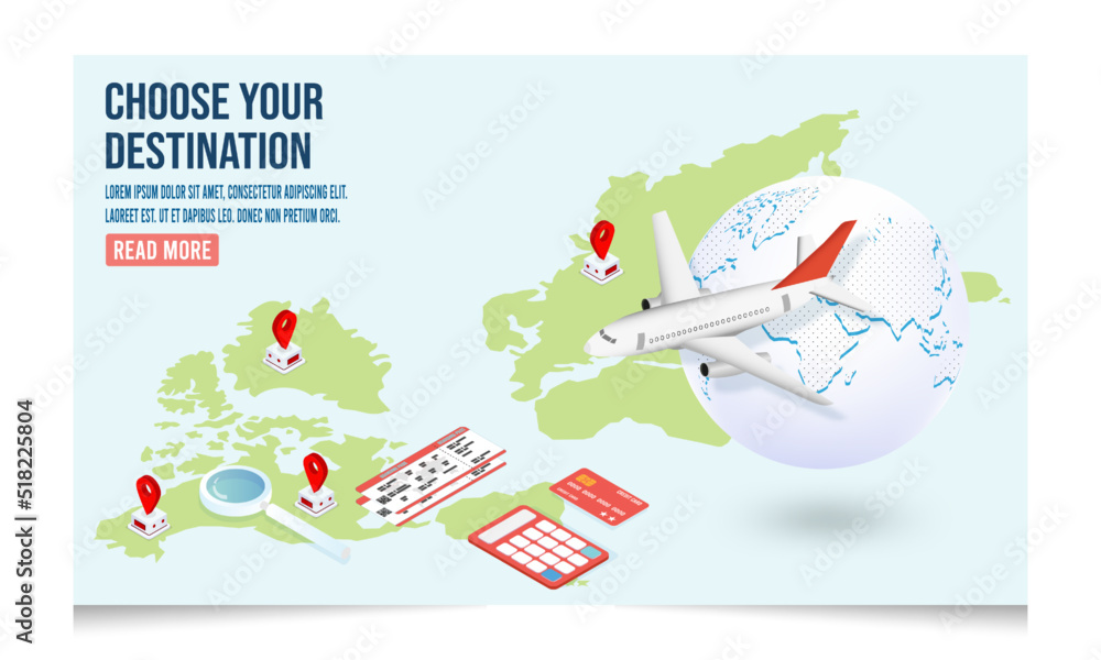 3D isometric choose your traveling tour, Flight Booking Promotion and destination concept.  Vector illustration eps10