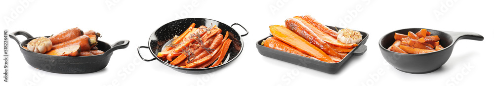 Frying pan with tasty roasted carrot on white background Frying pan with tasty roasted carrot on white background
