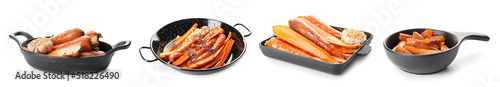 Frying pan with tasty roasted carrot on white background