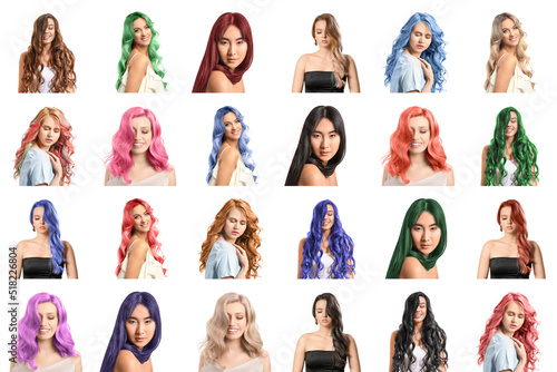 Set of beautiful young women with unusual hair colors on white background