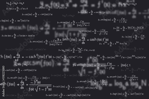 Equations and formulas of logarithms, derivatives, trigonometric, logarithmic, hyperbolic and inverse on black background