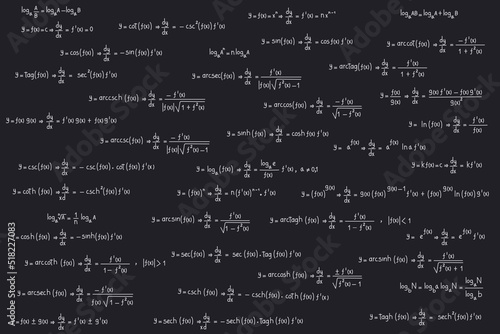 Equations and formulas of logarithms, derivatives, trigonometric, logarithmic, hyperbolic and inverse on a black chalkboard background photo