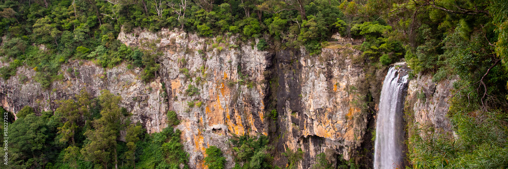 Panoramic Australian rainforest views in Springbrook National Park. Purling Brook waterfall in view. Panoramic Australian rainforest views in Springbrook National Park. Purling Brook waterfall in view.