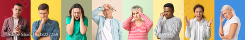 Set of stressed and depressed people on colorful background photo