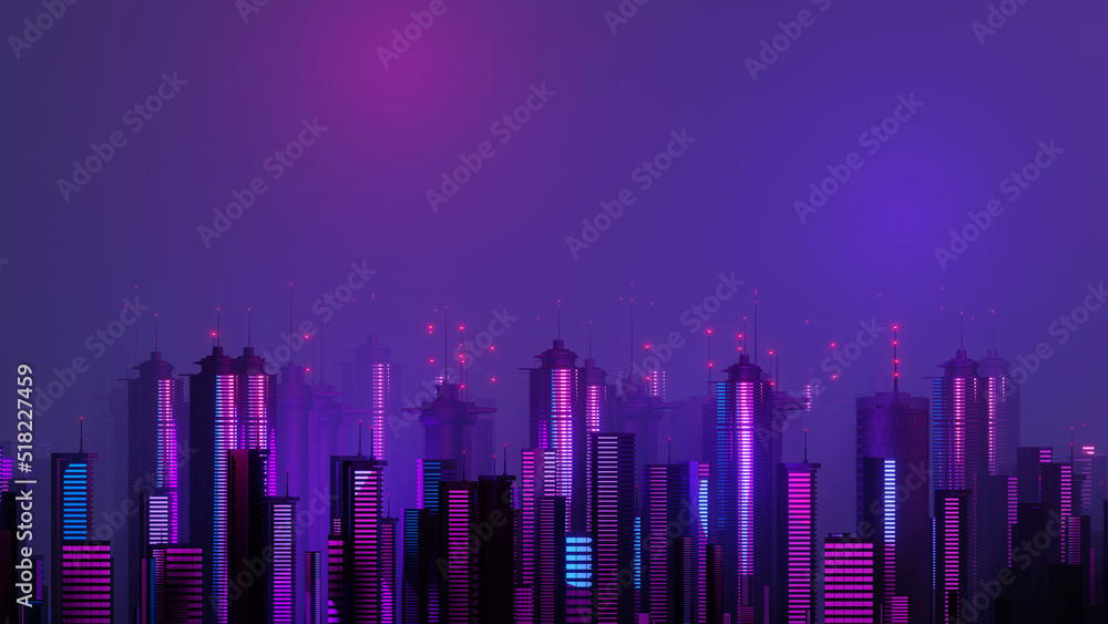 3d render of Cyber night mega city landscape scene. Light glowing and reflection on dark tech scene. Night life. Technology network for 5g. Beyond futuristic of Sci-Fi Capital city and building scene.