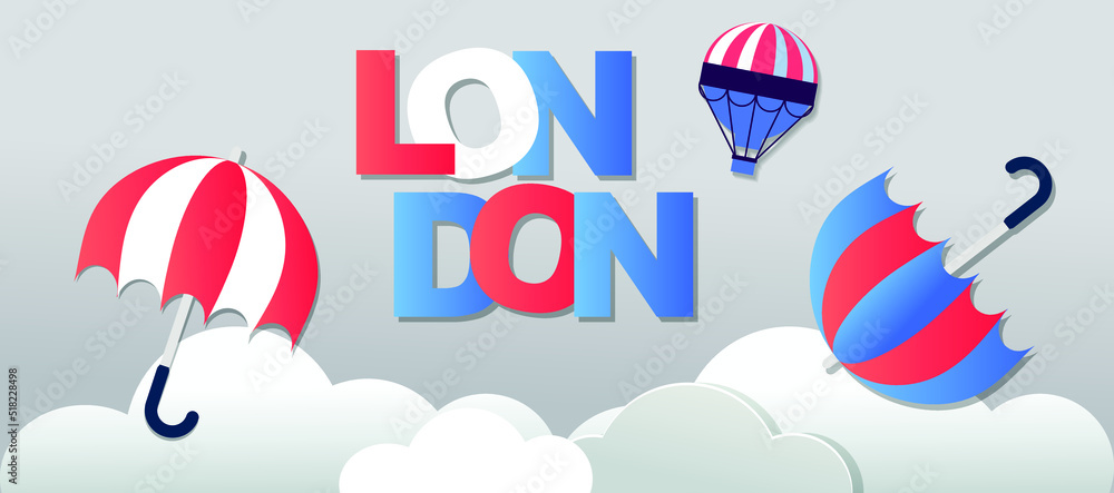  London travel vector banner with clouds and umbrella