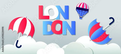  London travel vector banner with clouds and umbrella
