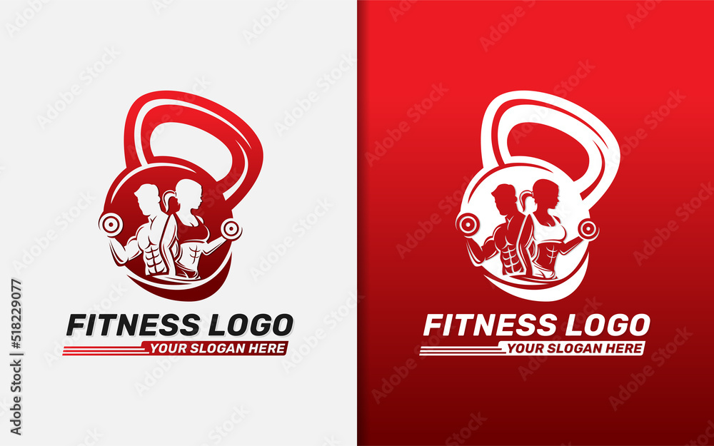Fitness Logo Design. Abstract Man and Woman Silhouette holding dumbbells Combined with Stylish Kettlebell Shape Concept.