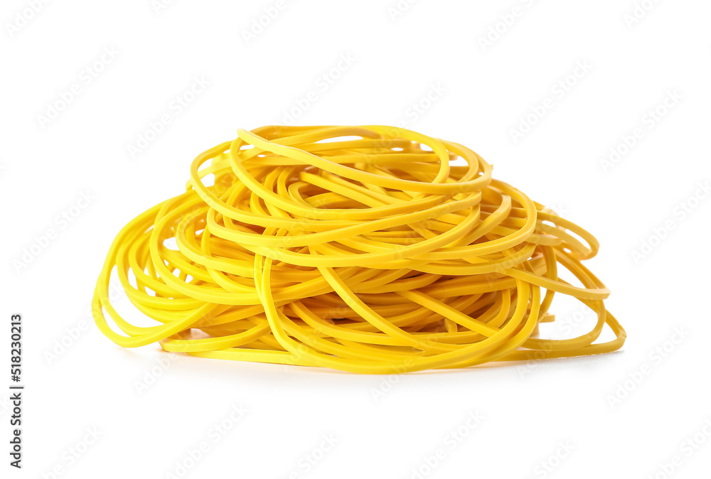 Heap of yellow rubber bands on white background