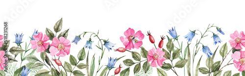Seamless, horizontal border with rosehip flowers and berries, bluebells and field herbs on a white background. Endless, watercolor floral illustration for banners, wallpapers, decor etc.