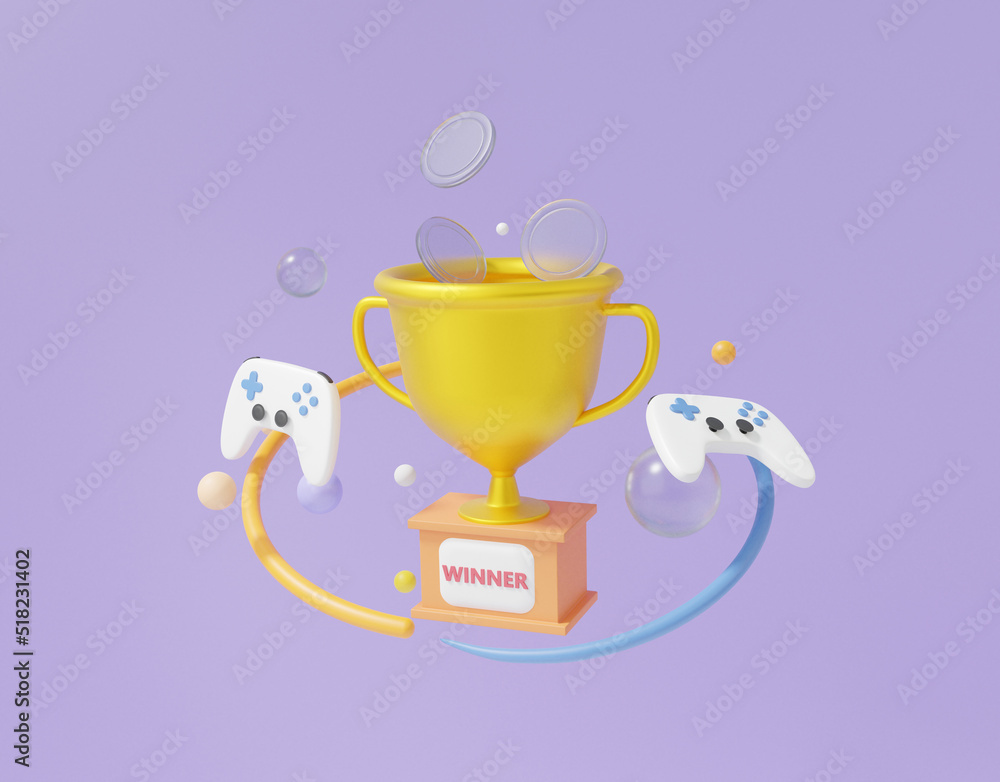 Minimal trophy cup icon with coin floating purple pastel background. cute smooth. champion 1st winner concept. joystick controllers game e-sport entertainment. 3d render illustration Minimal trophy cup icon with coin floating purple pastel background. cute smooth. champion 1st winner concept. joystick controllers game e-sport entertainment. 3d render illustration