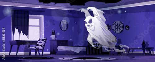 Ghost in night abandoned bedroom. Scary spook cartoon Halloween character, fantasy monster, spooky spirit personages say boo. Horror, phantom creature in old haunted house, Vector illustration