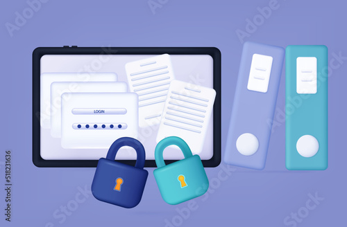 Information confidentially online 3d. Electronic document, file, user manual. Secure access to private data on the computer. Monitor screen, securely protected by a lock. Online authorization. Vector.