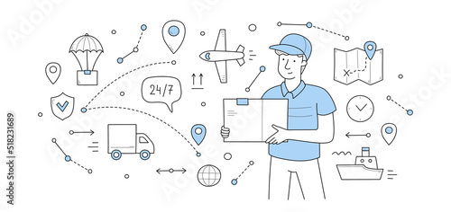 Delivery service doodle concept. Mailman with parcel in hands and shipping icons around. Express transportation, logistics by airplane, ship, truck commercial company, Linear vector web banner