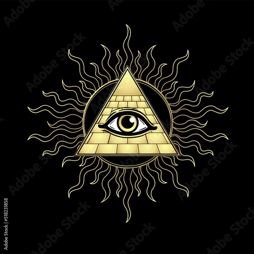 Animation drawing: symbol of  Egyptian pyramid, all-seeing eye, sun rays. Egyptian history and mythology. Imitation of gold. Vector illustration isolated on a black background. Print, poster, logo.