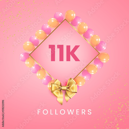 Thank you 11k or 11 thousand followers with pink and gold balloon frames, gold bow on pink background. Premium design for social sites posts, social media story, banner, social networks, poster.