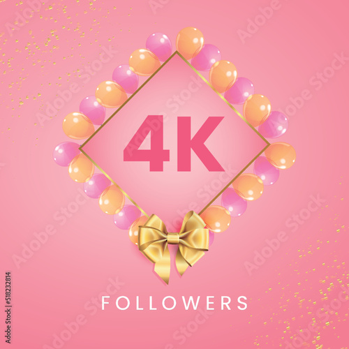 Thank you 4k or 4 thousand followers with pink and gold balloon frames, gold bow on pink background. Premium design for social sites posts, social media story, banner, social networks, poster.