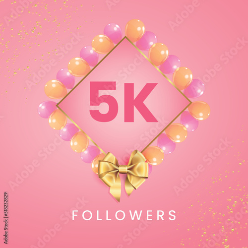 Thank you 5k or 5 thousand followers with pink and gold balloon frames, gold bow on pink background. Premium design for social sites posts, social media story, banner, social networks, poster.