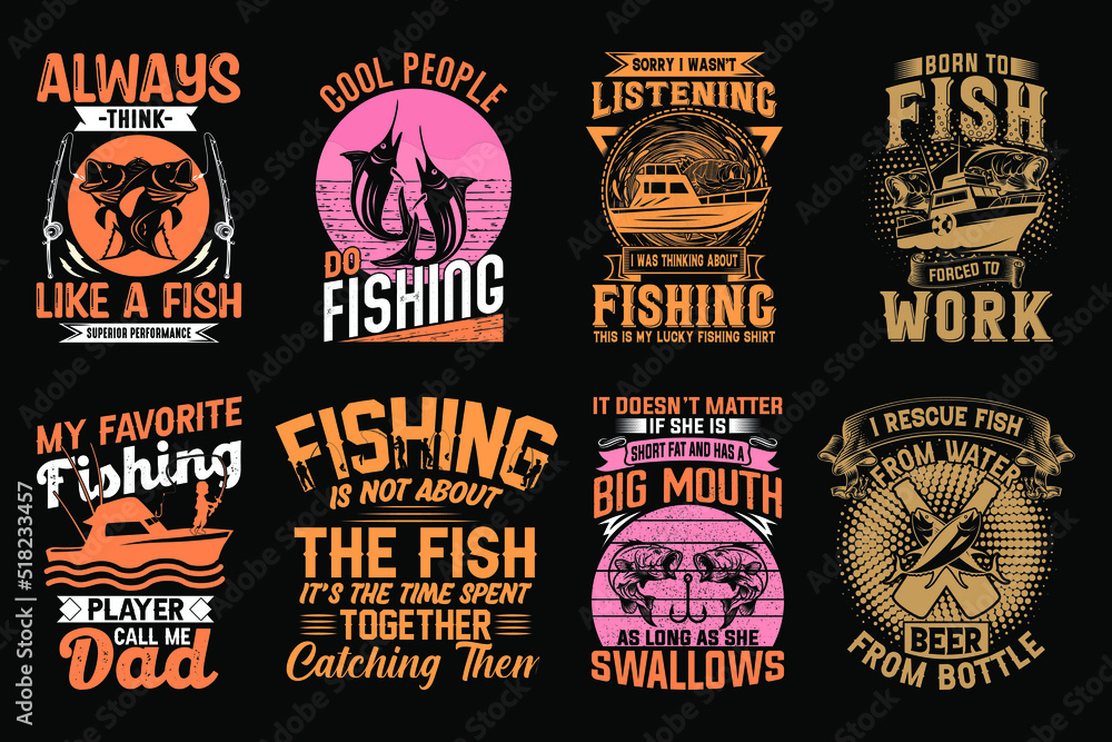 Fishing t-shirt design vector Set, Custom Vintage fishing t shirt design  illustration bundle Stock Vector