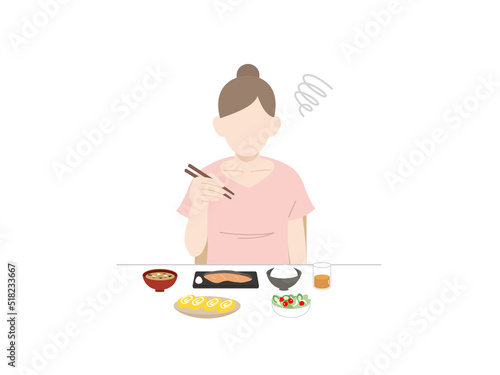 食欲がない　食べれない　味覚障害　若い女性　食事　摂食障害　夏バテ　イラスト photo