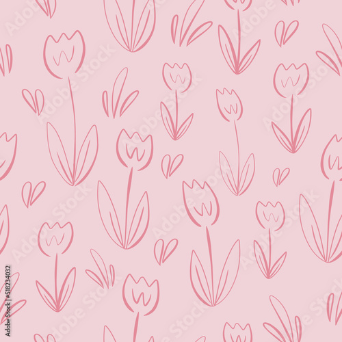 seamless pattern with daisy tulip flowers hand drawn doodle style #518234032