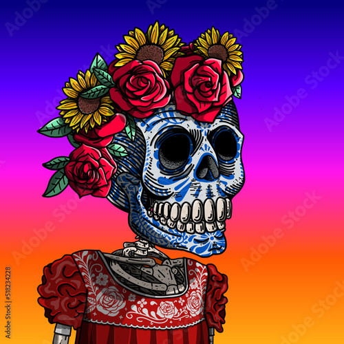 Calavera mexicana con personalidad única. Cráneo de talavera con vestido imperial mexicano color rojo y corona de flores.