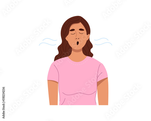 Young woman doing breathing exercises. Girl deep inhales and exhales air. Relaxation, healthy lifestyle concept. Flat style vector illustration isolated on white background