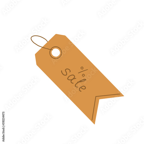 Sale tag, cardboard label for discount promotion with cord rope. Craft carton price card on string. Brown paper eco badge. Flat vector illustration isolated on white background