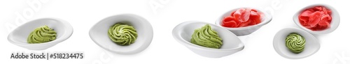 Set with spicy wasabi paste and pickled ginger on white background. Banner design