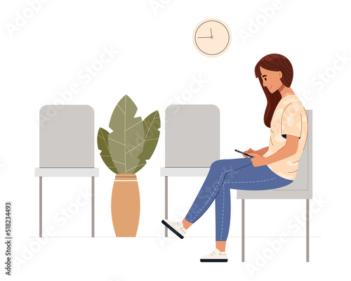 Young woman sitting in a waiting room. Female character using smartphone while waiting. Colored flat vector illustration isolated on white background