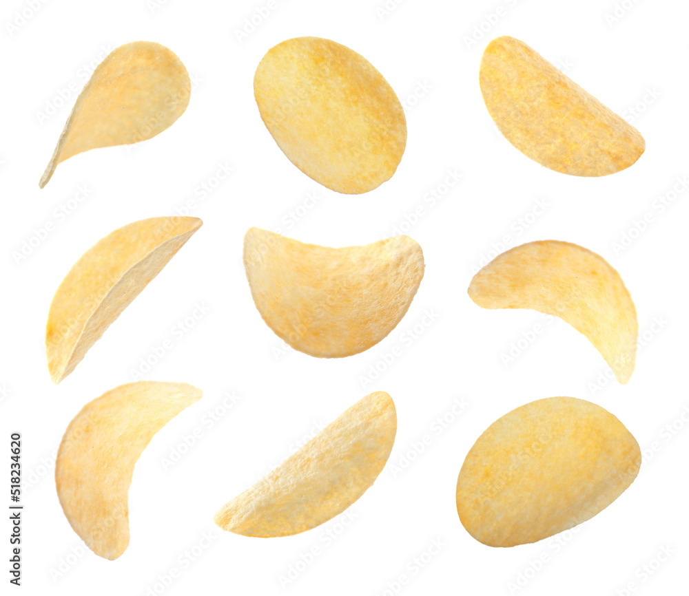 Set of fried crispy potato chips on white background Set of fried crispy potato chips on white background