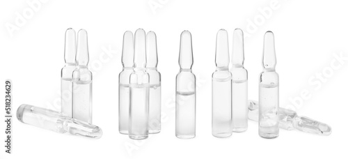 Set with glass ampoules with pharmaceutical products on white background. Banner design