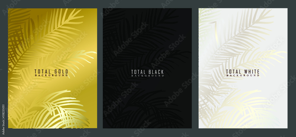 Luxury cover design. Fine palm leaves on gold, black, platinum background. Elegant brochures for business, events, invitations template
