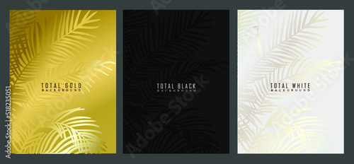 Luxury cover design. Fine palm leaves on gold, black, platinum background. Elegant brochures for business, events, invitations template
