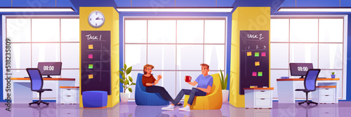 Office interior with people rest in lounge area and empty work desks with computer monitors. Vector cartoon illustration of coworking lobby, workplace with employees