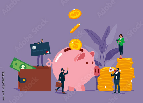 Piggy bank - investment, savings, income, money management. People characters doing various tasks.