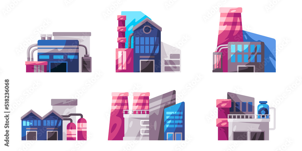Factory illustration collection set of building colorful company production plant with chimney pipe industrial architecture