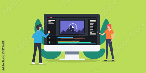 Video content creator, creative team working with video editing software, man and woman creating content for social media, digital marketing web banner concept.