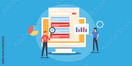 Team of SEO experts, man and woman working together improving search engine optimization website ranking and data analysis, conceptual web banner.