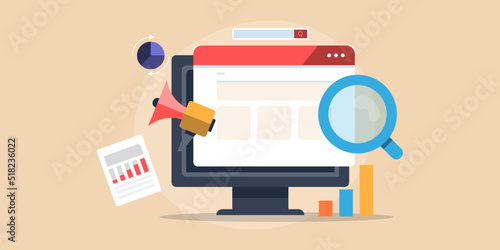 Website traffic analysis, seo optimization, search visibility report with information, statistics and diagram. Flat design web banner template.