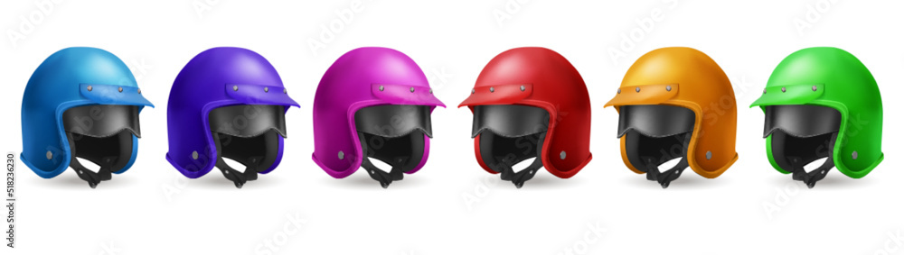 Motorcycle helmet for moto race and ride on scooter. Vector realistic set illustrations of 3d retro color helmets with visor and black glasses in angle view isolated on white background Motorcycle helmet for moto race and ride on scooter. Vector realistic set illustrations of 3d retro color helmets with visor and black glasses in angle view isolated on white background