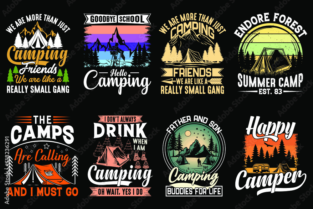 Camping vector t-shirt design set, Vintage nature outdoor graphic art bundle